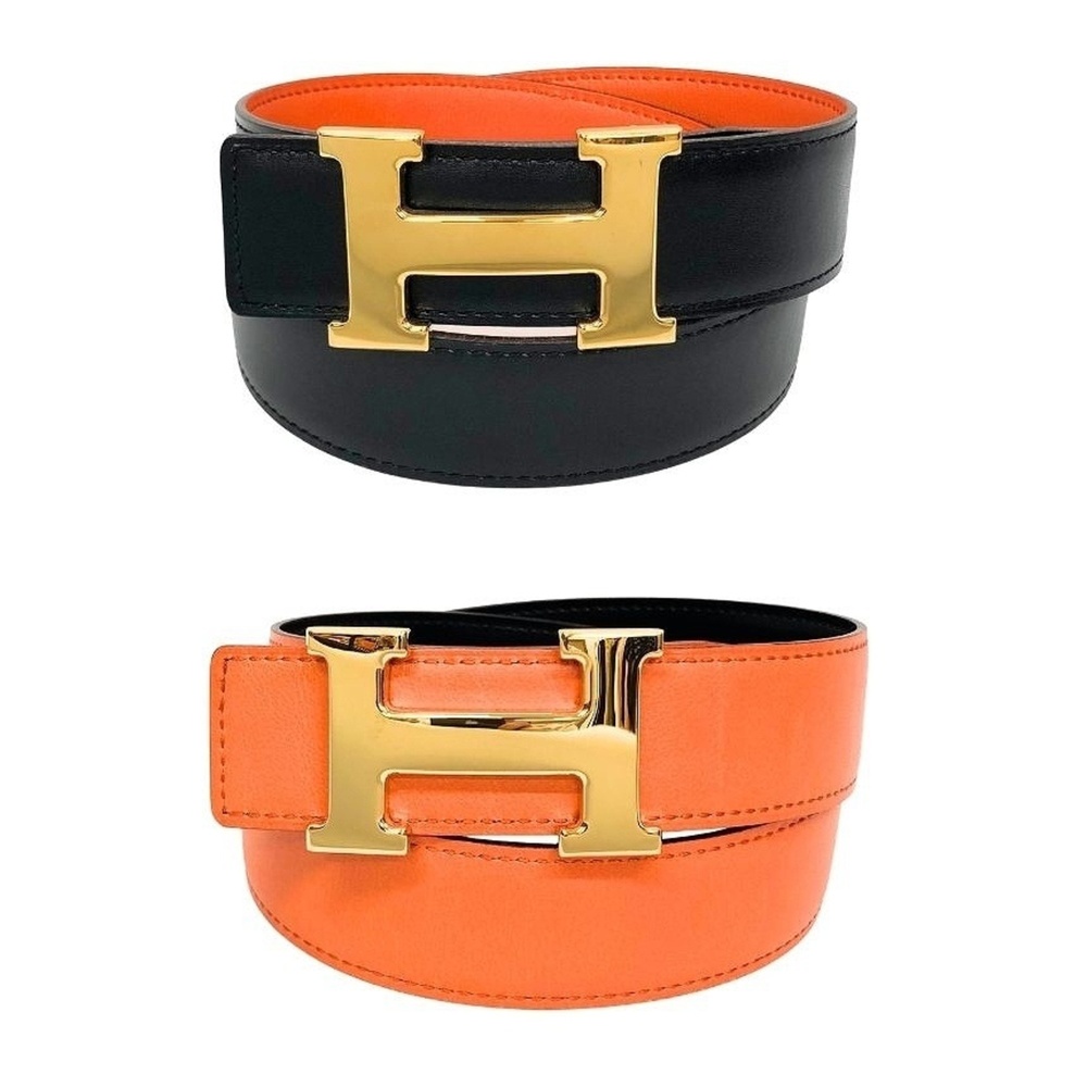 Hermes Constance H-belt, reversible, black x orange, size 70, box calf leather.